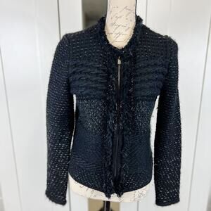 Ann Taylor Black & Silver Wool Blend Chunky Knit Tweed Blazer Jacket Size Small